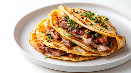 Delicious Chinese Peking duck pancakes filled with tender meat and herbs