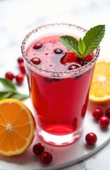 Freshly made orange apple cranberry juice in glass. Cranberry juice with orange slices, mint leaves. Healthy beverage concept. Tasty drink for cold days. Photo for food blogs. Image for juice recipes