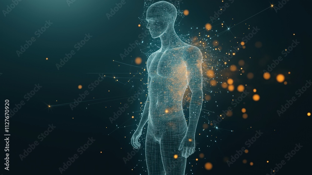 Poster Futuristic holographic human body in cyberspace. Data stream visualization. Abstract 3D digital art. Network of light, lines. Artificial intelligence concept. Glowing body structure. Tech background.