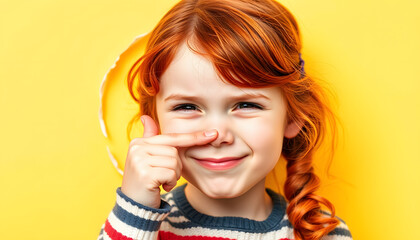 Fototapeta premium A little funny red-haired girl picks her nose and squints her eyes in pleasure. Yellow background, torn paper, hole. The concept of bad behavior. Copy space isolated with white highlights, png