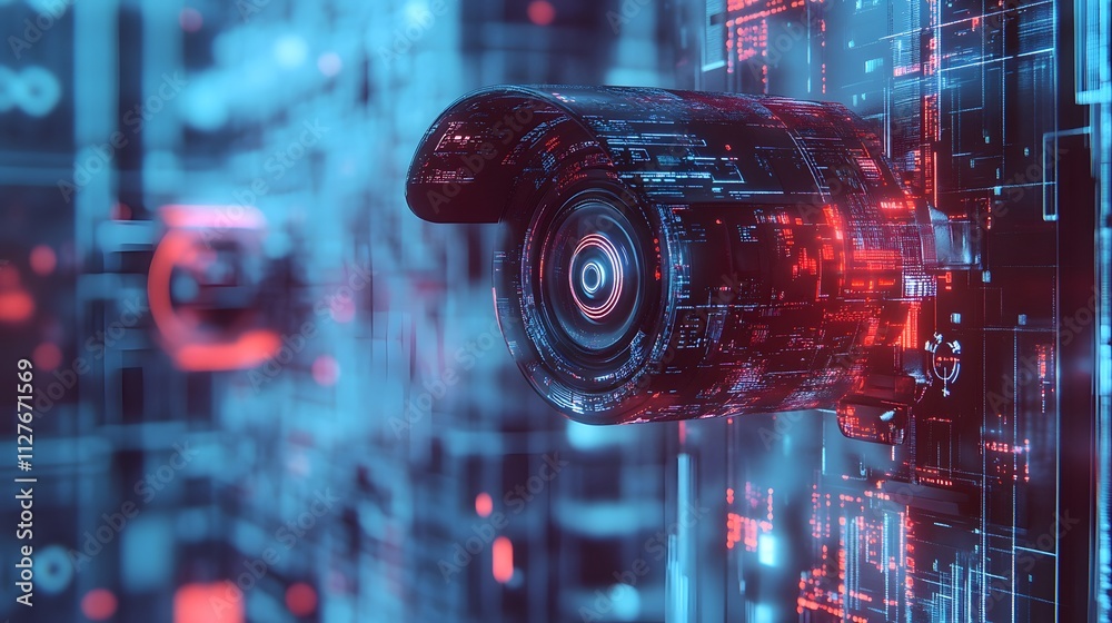 Sticker futuristic security camera with red and blue digital effects, showcasing high-tech security features