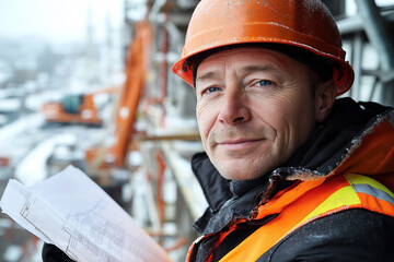 Construction worker in a safety helmet and high-visibility vest, standing at a building site