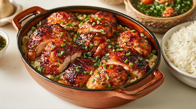 Delicious Filipino adobo with soy marinated chicken served in clay pot, garnished with green onions, perfect for sharing