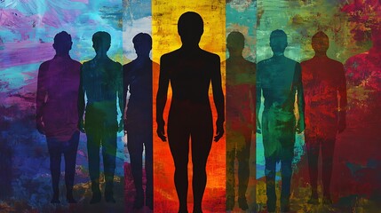 Silhouette of diverse people standing together against a vibrant painted background.