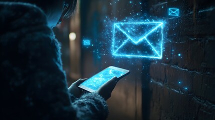 Person using a smartphone with glowing neon email icon projection in dimly lit alley