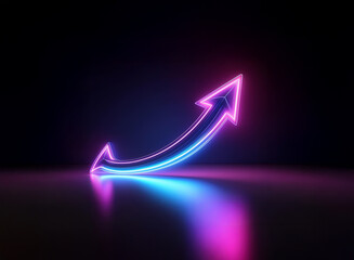 A vibrant, curved neon arrow ascends, glowing with pink and blue light against a dark background. Its reflection adds depth to the scene.