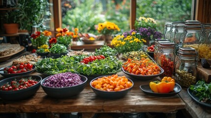 Colorful Display of Fresh Vegetables and Herbs in a Rustic Setting Under Natural Light, Perfect for Culinary and Organic Lifestyle Promotions