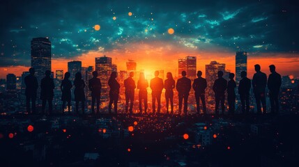 Silhouetted Business People at Sunset Over City Skyline