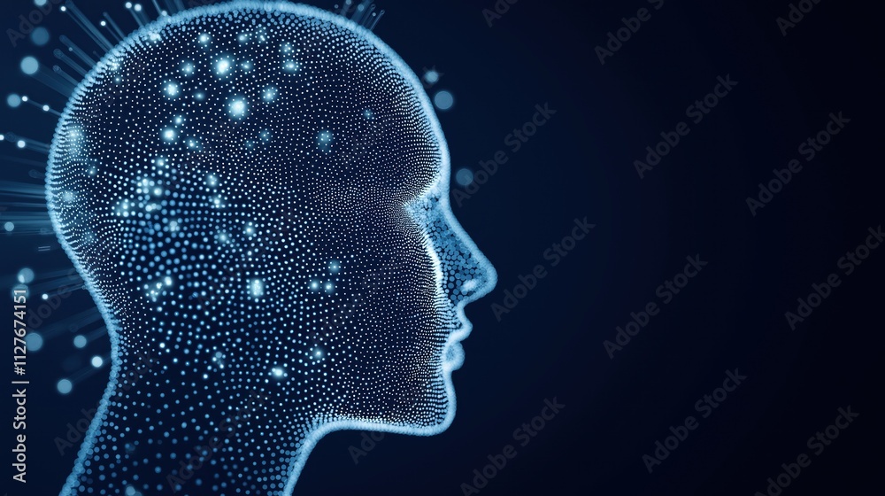 Aufkleber Digital AI head profile view. Futuristic tech concept. Glowing dots form human face. Abstract cyber art. Cybernetic. Visualisation of artificial intelligence consciousness in cyberspace. Profile of