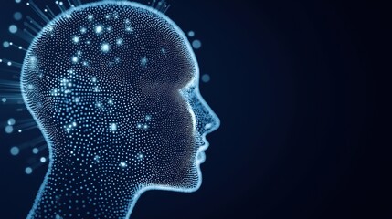 Digital AI head profile view. Futuristic tech concept. Glowing dots form human face. Abstract cyber art. Cybernetic. Visualisation of artificial intelligence consciousness in cyberspace. Profile of