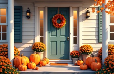 Obraz premium Cozy fall porch with pumpkins, flowers decorates house entrance. Autumnal colors brighten front porch. Orange pumpkins, marigold flowers create festive decor. Decorative wreath hangs on front door.