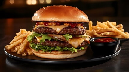 Juicy double cheeseburger with fries and ketchup.