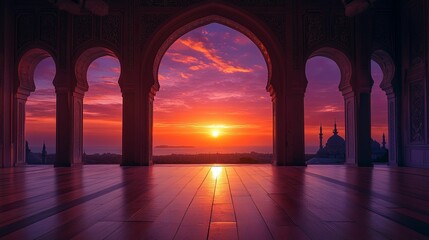 Majestic Sunset View Through Mosque Arches