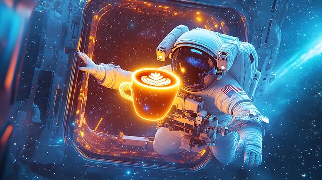 Astronaut in space enjoying a glowing cup of latte art coffee.