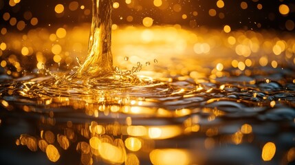 Golden liquid pouring, splashing, bokeh background.