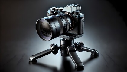 A high-performance digital camera mounted on a tripod, placed on a sleek black surface with faint light reflections