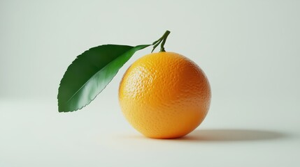Ultra-clear 8K image of an orange with a lush green leaf, isolated on white, with no distractions, perfect for modern advertising and packaging design.