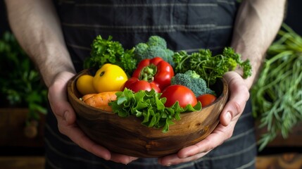 Fototapeta premium Healthcare professional holding a bowl of fresh vegetables, symbolizing healthy eating.