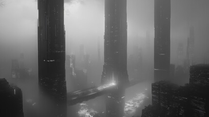 Futuristic Cityscape Foggy Towers Bridge Scene