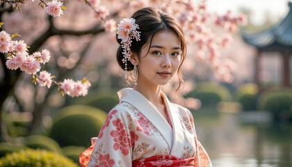 Fototapeta premium Woman in traditional dress standing gracefully amidst cherry blossoms in serene garden setting