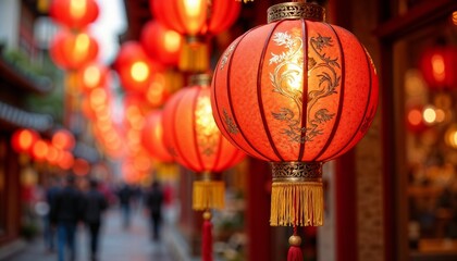 Lantern Festival with decorative red lanterns hanging in vibrant street filled with joyful visitors