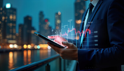 Businessman examines market data on tablet. Holographic stock charts overlay city skyline at night. Financial analysis concept. Investment strategy review. Modern business lifestyle. Night time. - Powered by Adobe