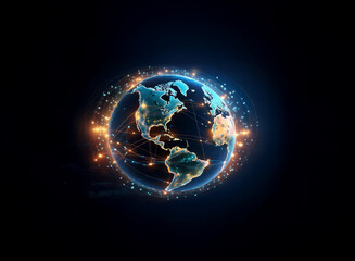A glowing digital Earth, showcasing global interconnectedness through vibrant lines of light, set against a dark backdrop.  The continents are visible, emphasized by the network.