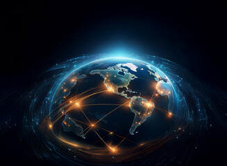 Fototapeta premium A glowing Earth, encircled by a network of interconnected lines, representing global communication and connectivity. The image suggests a futuristic, technologically advanced world.