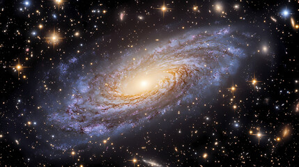 Fototapeta premium This image captures a swirling luminous spiral galaxy surrounded by countless stars, offering a mesmerizing view of the vastness of space and the universe's beauty. Eon. Illustration