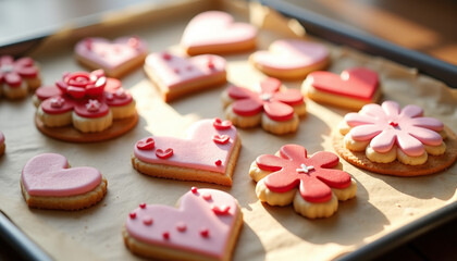 Valentine's Day cookies with intricate designs and shapes freshly baked on parchment paper