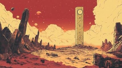 Alien Landscape With Tall Stone Monument And Planets