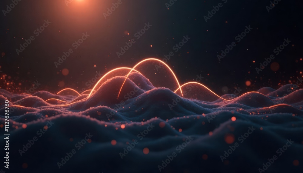 Poster abstract landscape with luminous arcs. radiant lines flow over textured surface. modern design eleme
