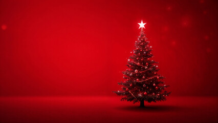 Festive Christmas Tree Silhouette Illustration with Decorative Elements on Red Holiday Background