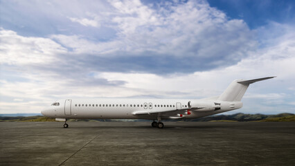 Commercial airplane on the runway with a blue sky background