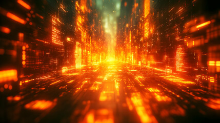 Digital Data Streams Flowing in a Futuristic Corridor