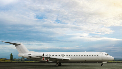 Commercial airplane on the runway with a blue sky background
