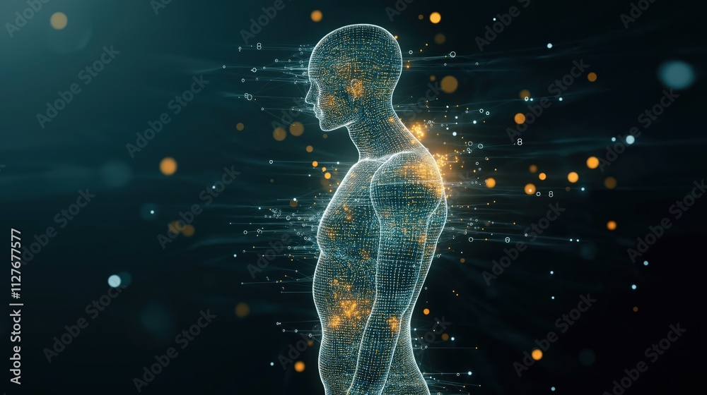 Aufkleber Futuristic illustration shows data flow processing. Holographic human body in cyberspace network. Abstract 3D digital art visualizing consciousness of artificial intelligence. Binary code streams,