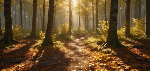 Obraz premium Warm sunlight filters through golden leaves on a forest floor amidst tall trees, creating dappled patterns and shadows , sunlight, shadows