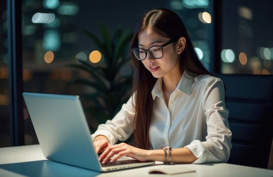 Asian woman works late night in office. Focused on laptop. Modern businesswoman uses tech. Nighttime office scene. Concentrated on work. Late-night worker. Pro environment. City lights visible.