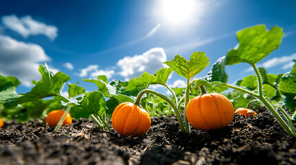 Obraz premium Pumpkin vines spreading across soil under bright blue sky, showcasing vibrant orange pumpkins