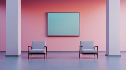 Modern Minimalist Interior with Two Chairs and Blank Canvas Wall Art