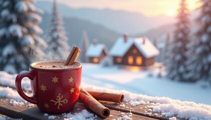 Hot chocolate mug with cinnamon sits on snowy wooden table outdoors. Snowy winter landscape with small houses in background. Cozy winter scene. Warm drink for cold day. Festive winter theme.
