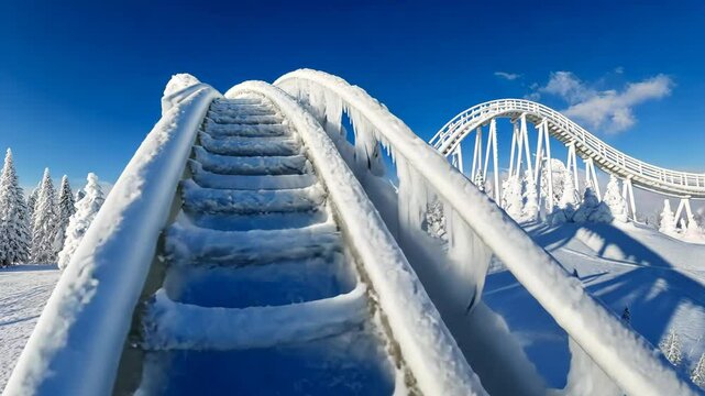 Frozen rollercoaster ascending on sunny winter day
