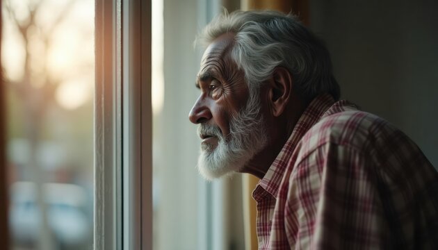 Elderly black man looks thoughtfully out nursing home window. Expression shows sadness, reflection. Wears plaid shirt. Light streams in from outside. Hospital setting. Aging. Loneliness. Healthcare. - Powered by Adobe