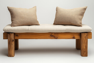 Photographie d'un banc de rangement en bois avec assise matelassée et finition naturelle, design simple, sur fond blanc