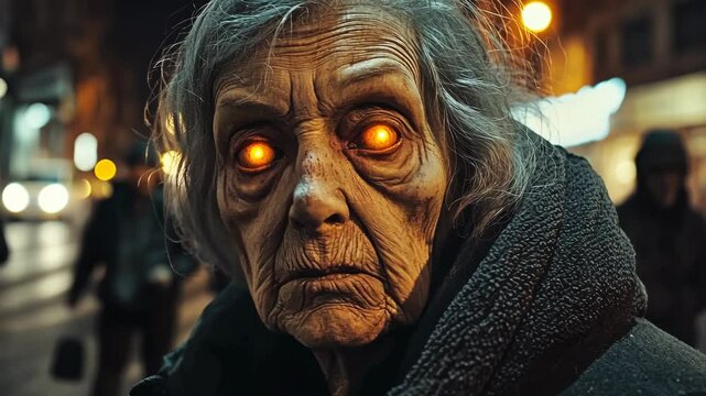 Mysterious elderly woman with glowing eyes wandering a city street at night