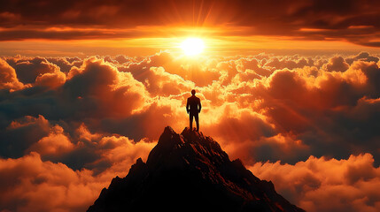 Man Stands on Peak, Sunrise Above Cloudscape, Golden Hour Achievement