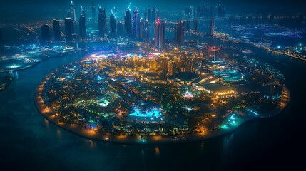 Nighttime Aerial View Of Illuminated Island Cityscape