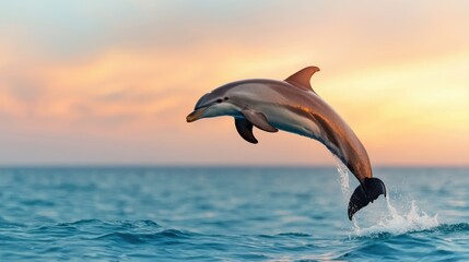 Dolphin Jumping Mid-Air Against Horizon Glow
