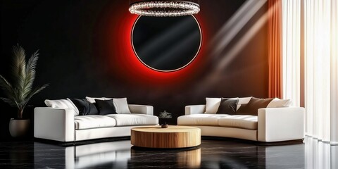 A luxury apartment living room with sleek black walls, white furniture, and a glowing red circular mirror
